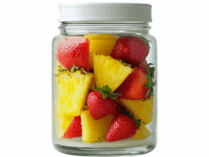 pineapples and strawberries in a glass jar