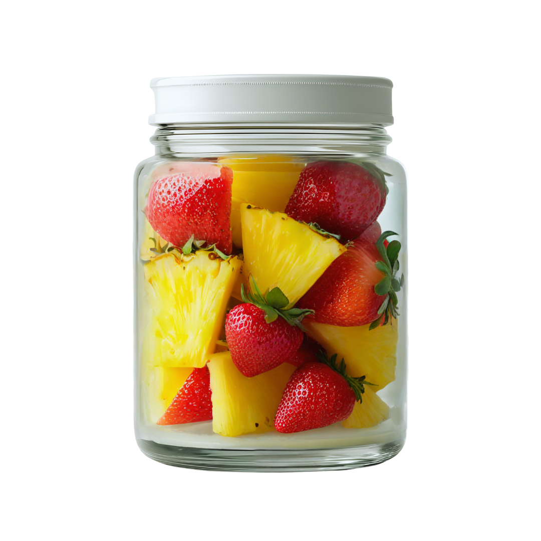 pineapples and strawberries in a glass jar